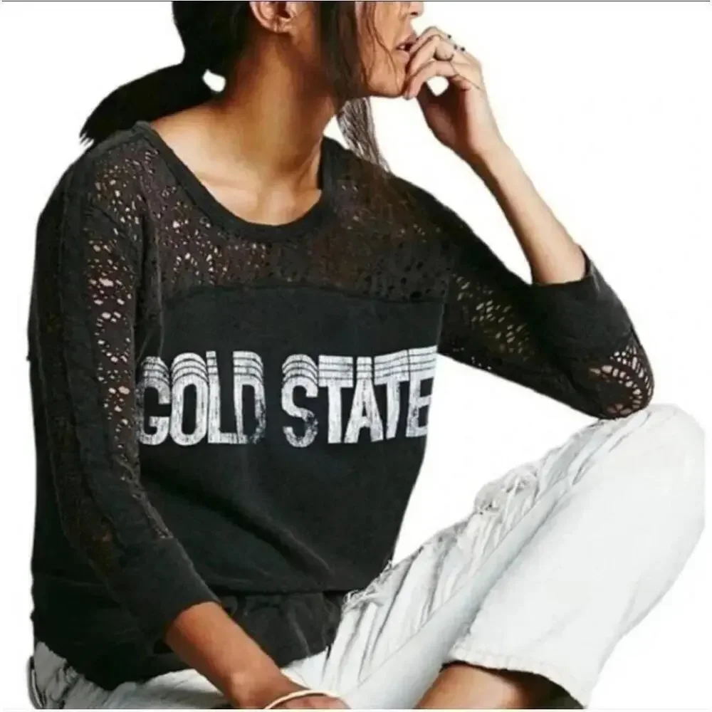 Free People Gold State Black Distressed Tee Vintage Style Size M